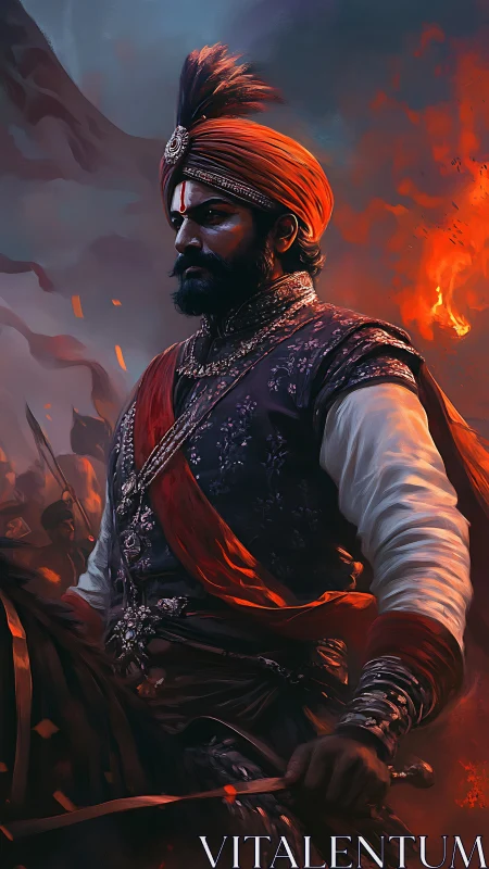 Maratha cavalry commander in red turban amid burning battlefield