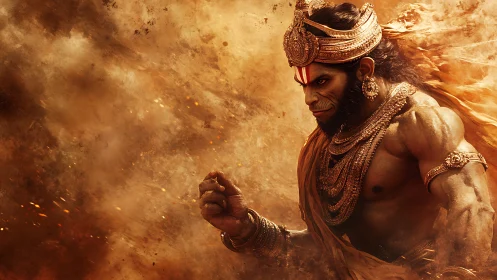 Storm-wreathed monkey warrior strides through molten dusk.