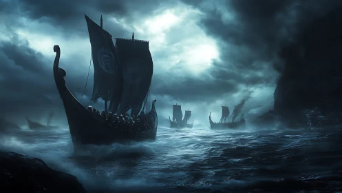 Viking longships cutting storm-tossed moonlit sea.