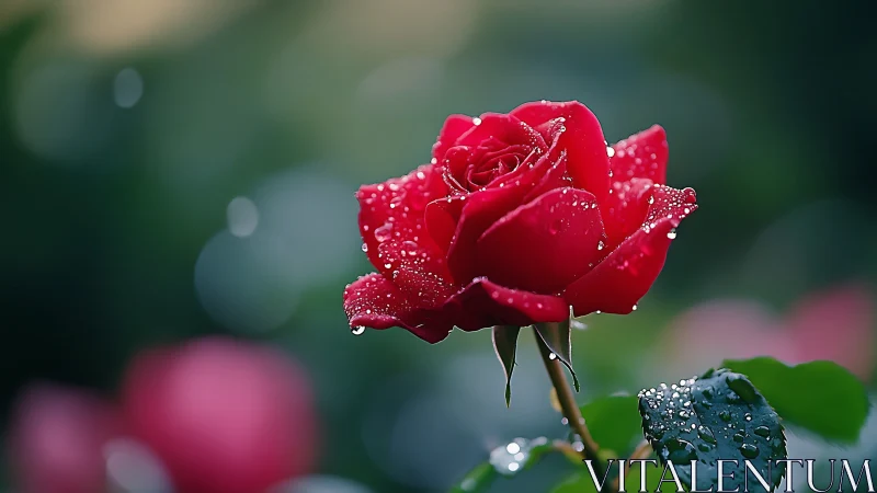 Red Rose with Pronounced Hydrophobic Droplet Accumulation and Shallow Depth Field