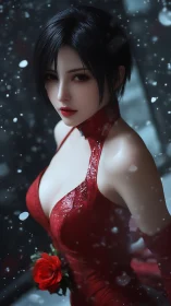 Elegant woman in red dress holding rose in falling snow.