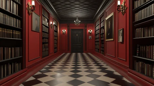 Dark red library corridor extends toward closed black door