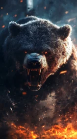 Digitally rendered bear framed frontally above stylized fire
