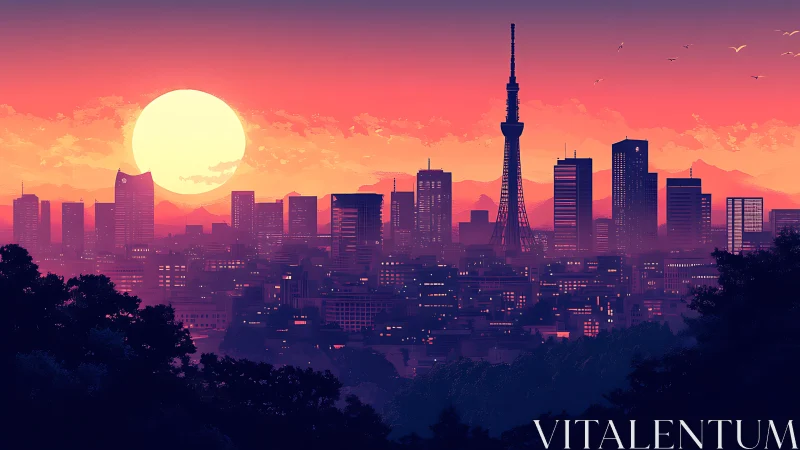 Neon dusk skyline with towering spire over glowing cityscape.