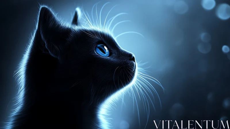 Luminous Gaze: Silhouetted Cat with Piercing Azure Eyes.