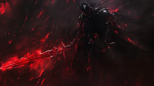 Shadow knight ignites a blood-red blade in burning darkness