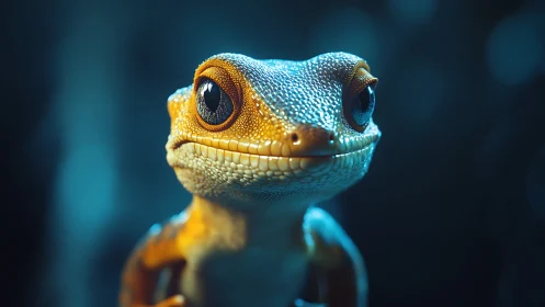 Close-up digital portrait of gecko-like reptile in blue light.