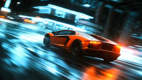 Orange supercar cuts neon-soaked streets in heavy rain.