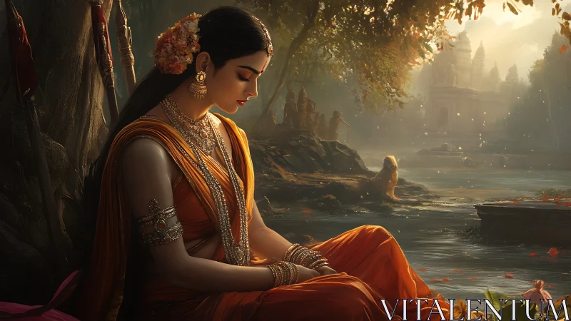 Digital painting of meditative woman by river in temple grove.