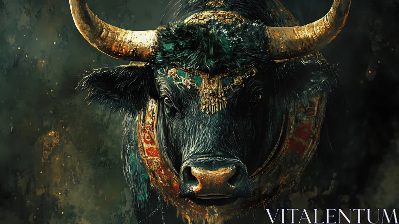 Decorated black bull portrait with detailed ornate adornments