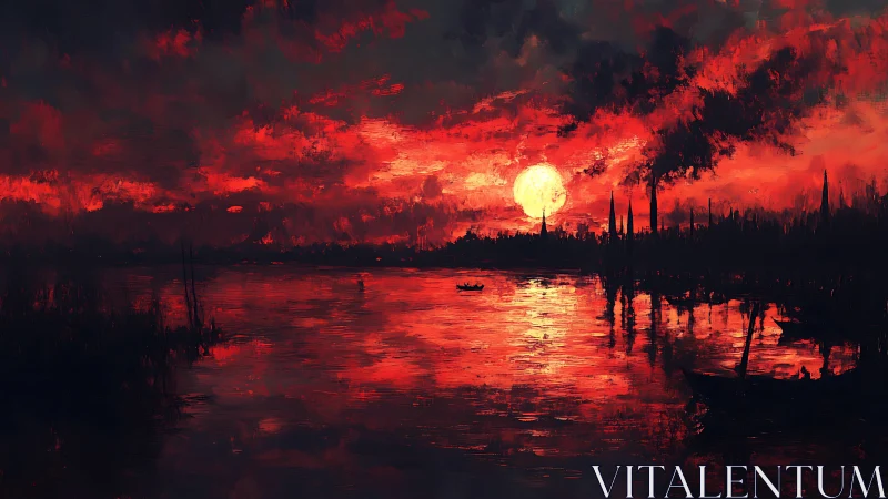 Expressive digital sunset seascape with silhouetted shoreline.