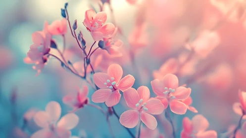 Soft coral blossoms in dreamy teal and blush bokeh field.