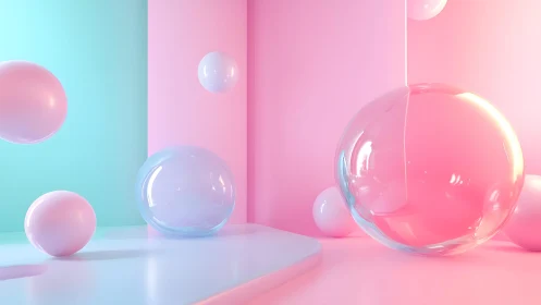 Playful pastel bubbles floating in a dreamy soft room.