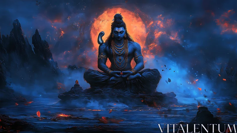 Blue figure in lotus posture before luminous orange disk.