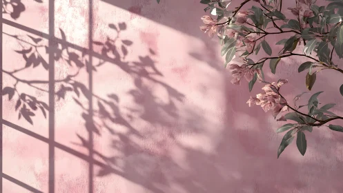 Window grid casts leaf shadows on textured pink wall