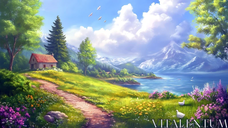 Lakeside alpine meadow with cottage under volumetric clouds.