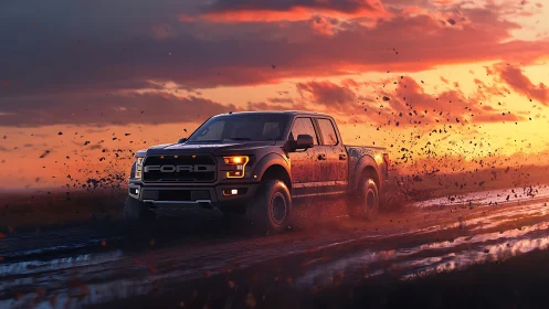 Powerful pickup truck splashing through mud at sunset glow.