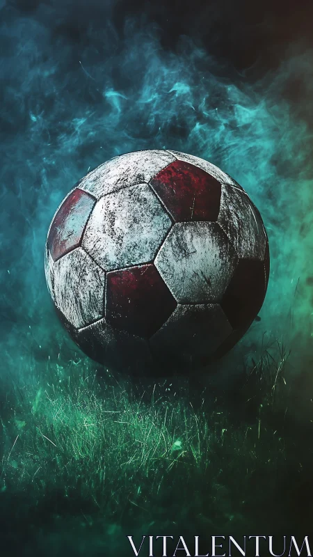 Weathered football glows against teal smoke on damp turf