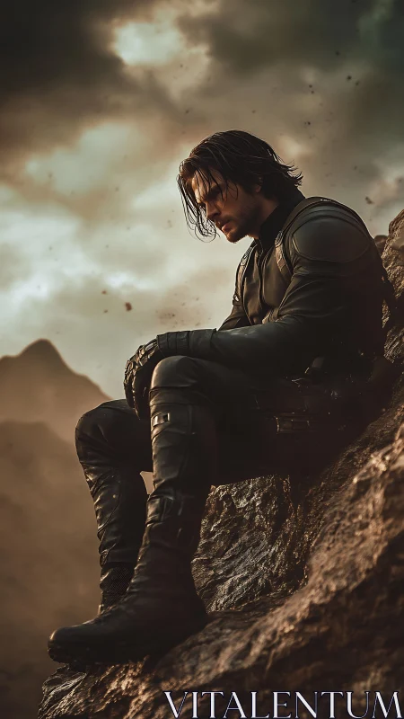 Stormlit vigil of a lone warrior on the cliff’s edge.