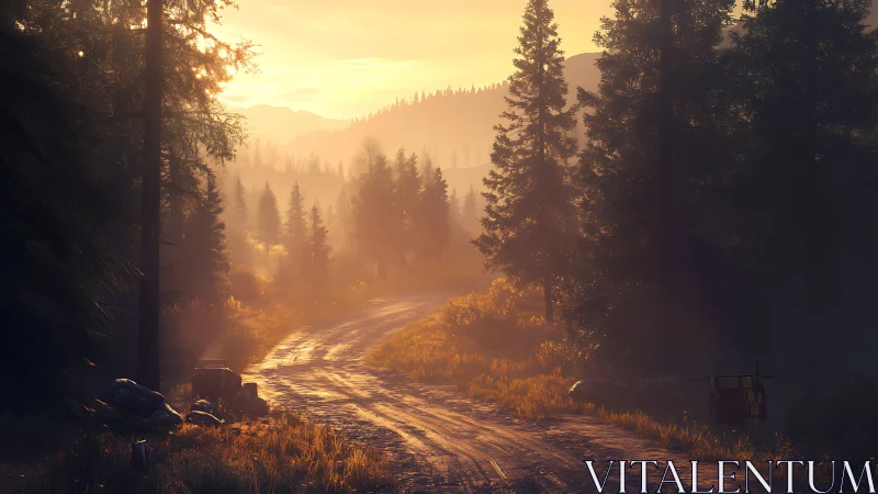 Sunlit Forest Road through Coniferous Woodland at Golden Hour.