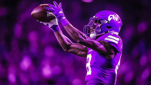 Electric violet receiver leaps to secure football pass.