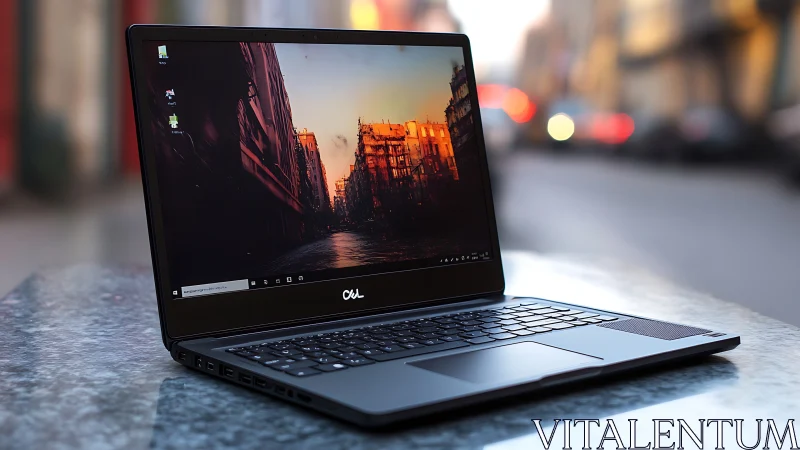 Open laptop computer positioned on outdoor metal surface