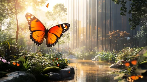 Large orange butterfly hovers over reflective urban stream