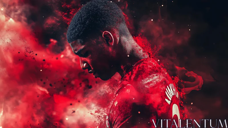 Digital portrait of introspective footballer in red nebula haze