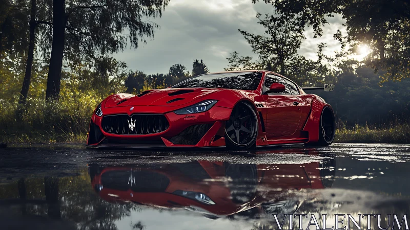 Low-angle view shows red modified sports car on wet road