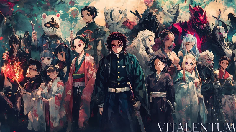 Multicharacter anime formation in dense chromatic battle tableau.