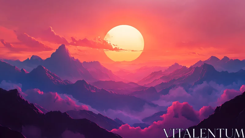 Sunset illuminates layered mountain ranges with dense clouds