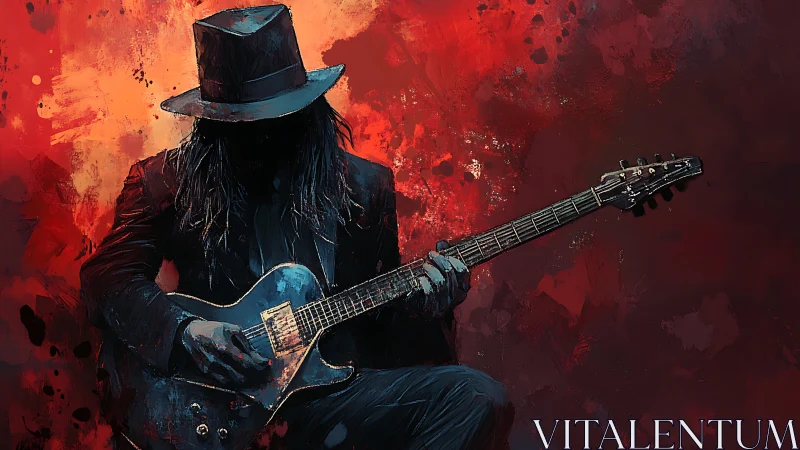 Shadowed blues guitarist in hat against abstract red field.