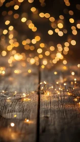 Soft golden string lights glowing over rustic wood table.