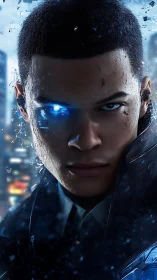 Cyborg portrait shows human face with illuminated cybernetic eye