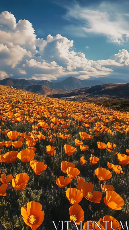 Golden poppy meadow under drifting clouds and soft mountains.
