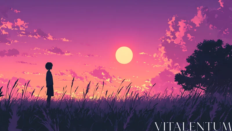 Silhouetted youth in violet sunset field horizon glow.