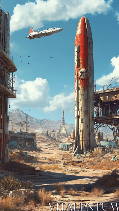 Sunburned Rocket Relic Guards a Rusted Desert Skyway.