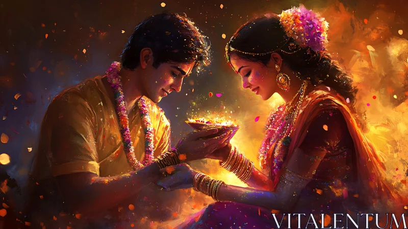 Couple shares glowing festive diya in warm colorful light.