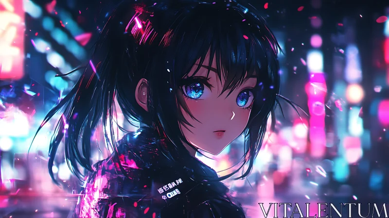 Neon city stroll with reflective eyed anime heroine at night.