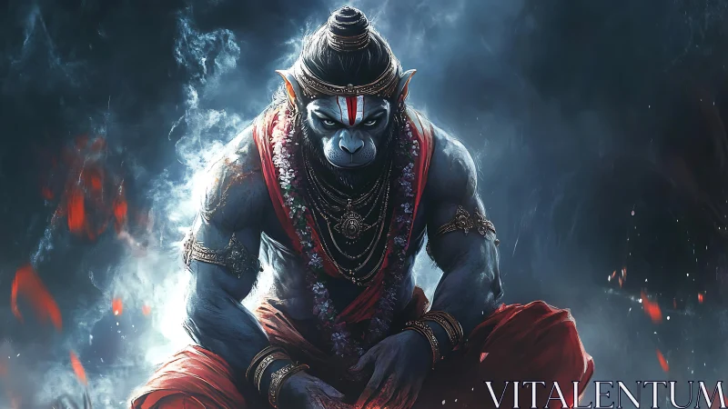 Divine warrior monkey deity crouches in glowing embers.