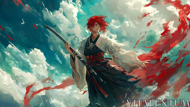 Red haired samurai commands swirling scarlet sky winds.