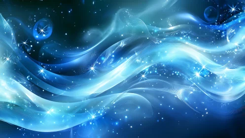 Luminous blue energy waves stream across deep cosmic space