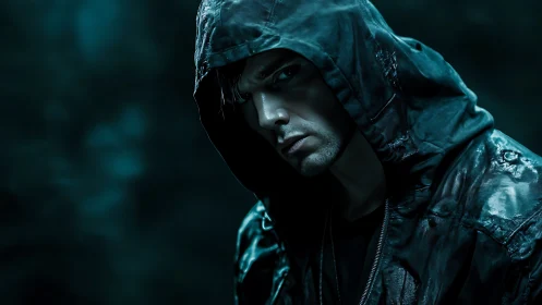 Mysterious hooded stranger in moody teal night light.