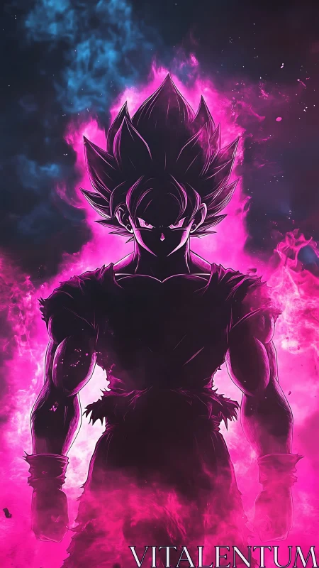 Silhouetted anime fighter stands in intense pink energy