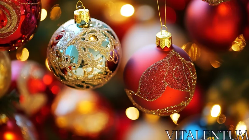 Glistening glass baubles amid warm holiday bokeh lights.