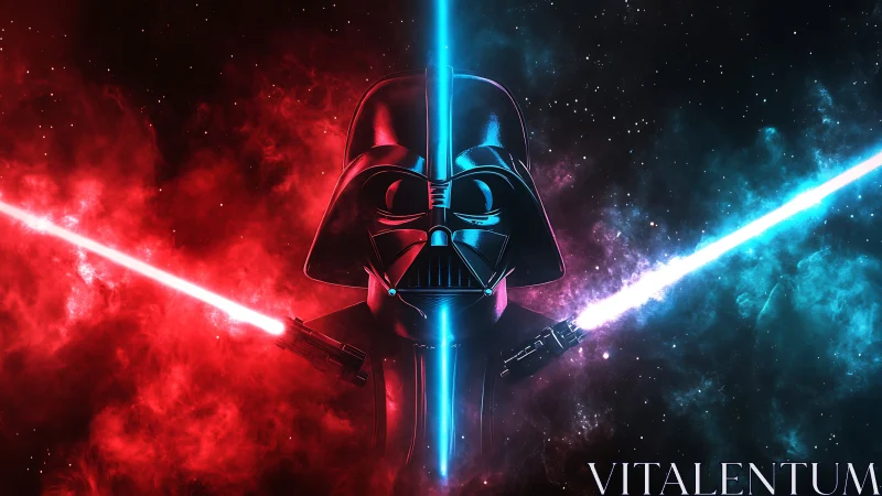 Dark sci fi helmet and crossed laser swords in space.