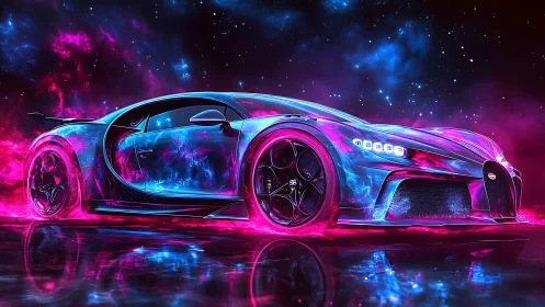 Neon hypercar slices through cosmic nebula nightscape