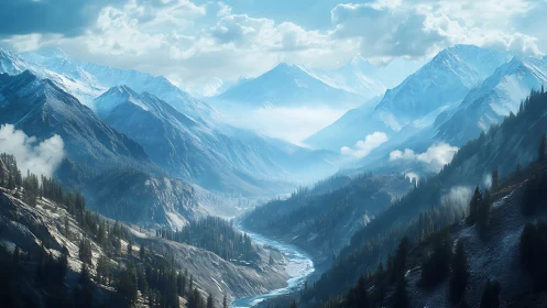 Glacial alpine valley rendered in high-detail digital painting