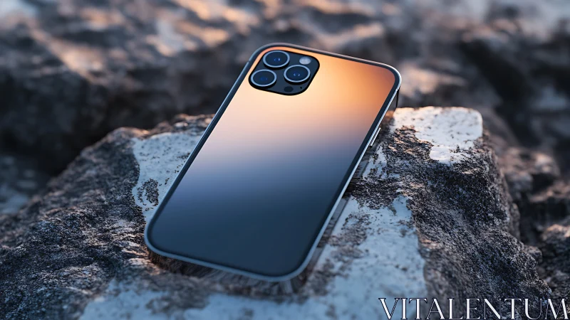 Premium smartphone resting against weathered stone surface.