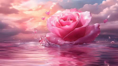 Giant pink rose blooms in fantasy water landscape.